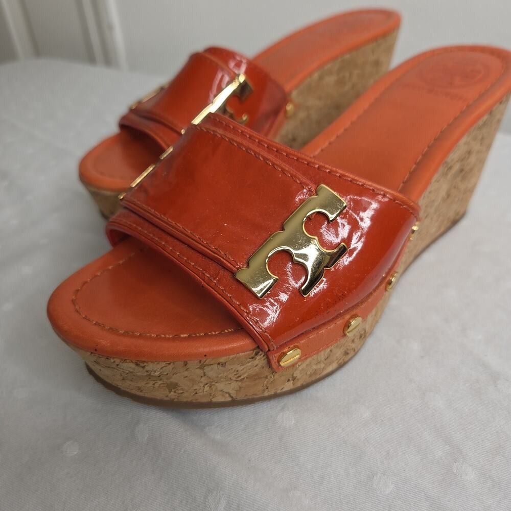 Tory Burch Orange Leather Cork Wedge Platform Slide Sandals Womenโs Size 6 M